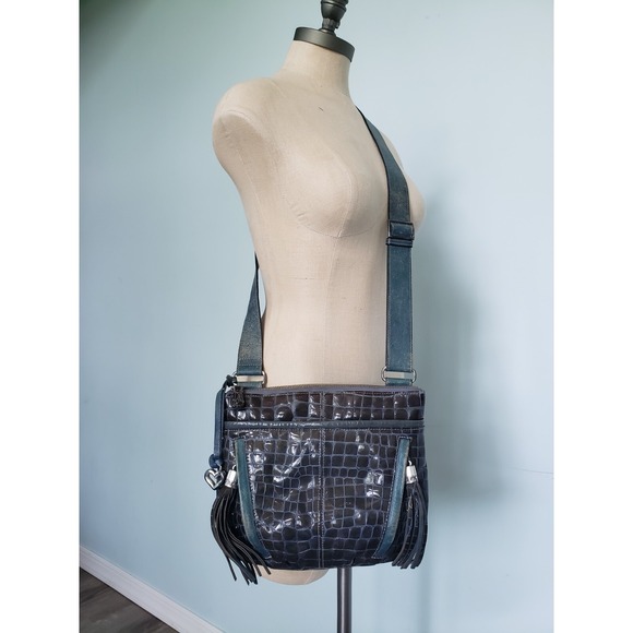Brighton Handbags - Brighton Leather Purse Crossbody Blue Patent Embossed Crocodile Bag Charm Tassel